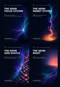 The four covers of the ADHD Systems Collection by HaulmDigital: The ADHD Focus System, The ADHD Money System, The ADHD Side Hustle, and The ADHD Reset.