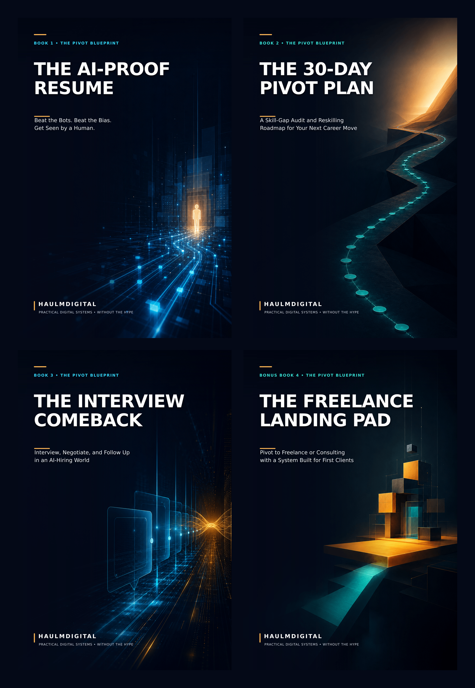 The four covers of the Pivot Blueprint Collection by HaulmDigital: The AI-Proof Resume, The 30-Day Pivot Plan, The Interview Comeback, and The Freelance Landing Pad.