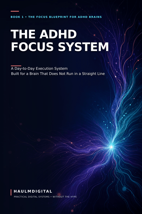 Cover of The ADHD Focus System, a digital PDF workbook by HaulmDigital, a day-to-day execution system for brains that don't run on willpower.