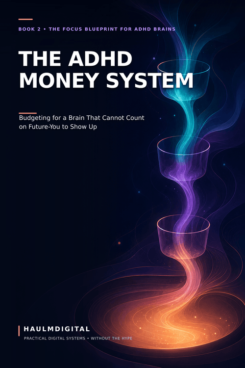 Cover of The ADHD Money System, a digital PDF workbook by HaulmDigital, subtitle Budgeting for a Brain That Can't Count on Future-You to Show Up.