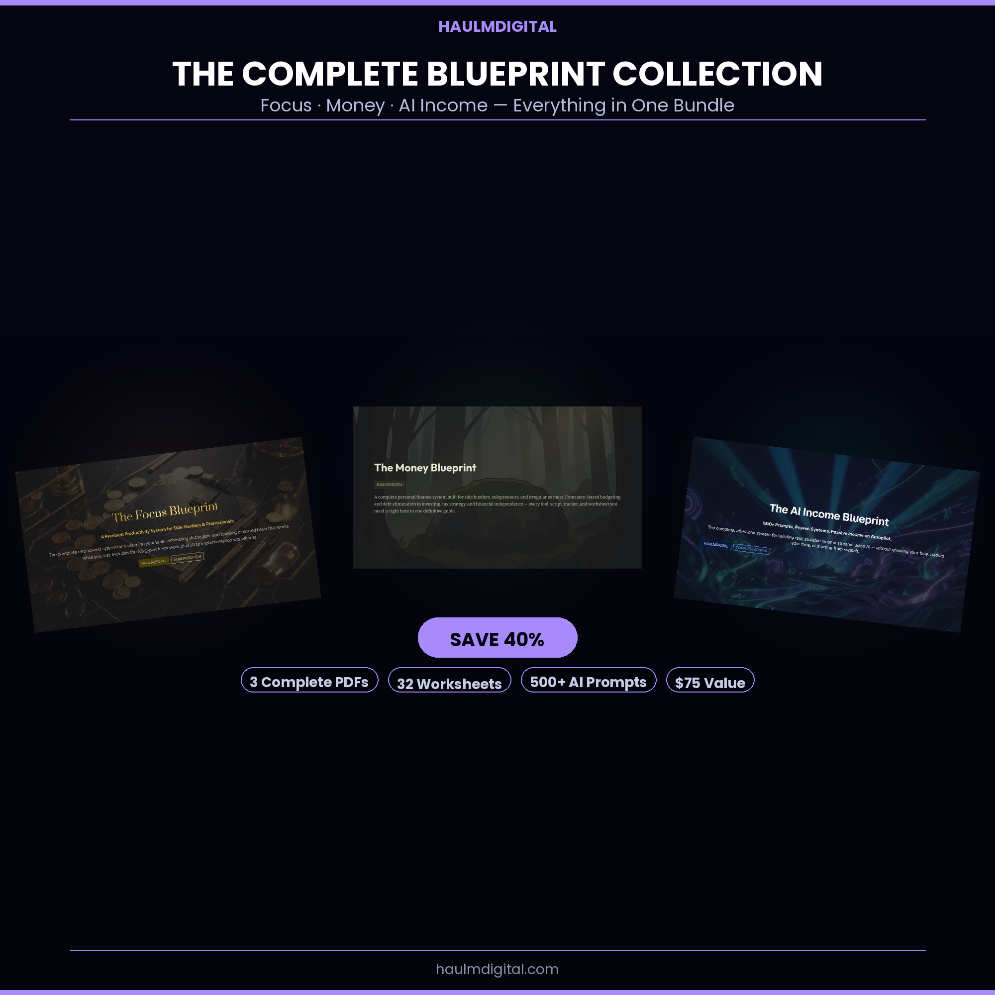The Complete Blueprint Collection cover — Focus, Money, and AI Income PDF bundle